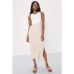 Lulus Fabulous Favorite White And Beige Ribbed Cutout Sweater Dress - Size M